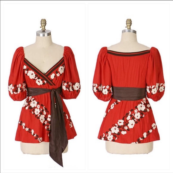 Anthropologie red floral puff sleeve blouse - Picture 3 of 13